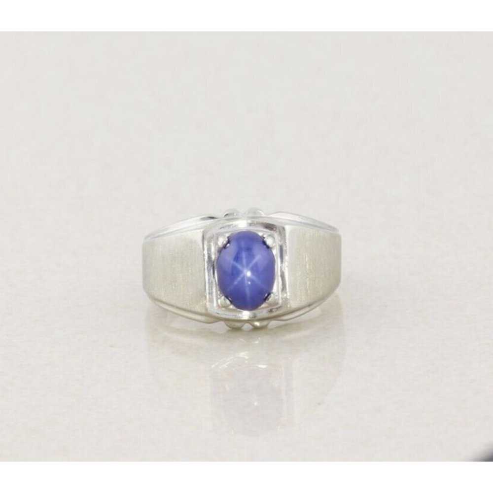 Mens 10k White Gold Lab Created Star Sapphire Ring Size 7 Pinky Ring - Picture 7 of 10